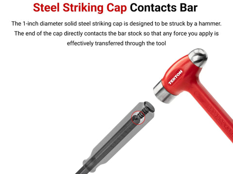 25 Inch Angled Tip Pry Bar With Striking Cap shown with a red hammer, emphasizing striking cap feature for heavy duty jobs.