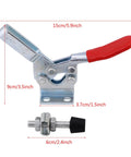 Set Of 5 Beefy Toggle Clamps With Quick Release Vertical Design And 227 Kg Holding Capacity, shown with dimensions, red handle.