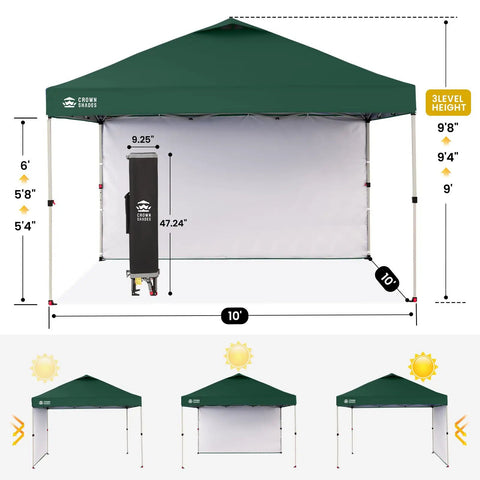 10x10 Pop Up Canopy Tent With One Side Wall For Beach Parties Camping And Events Fast One Push Centerlok Setup No Tools Needed Durable Outdoor Sun Shade Gazebo Includes STO N Go Carry Bag Forest Green with sidewall, height adjustment, and carry bag dimensions.