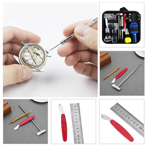 All In One 147 Piece Watch Repair Tool Kit Pro Grade Gear with tools and watches displayed for maintenance and repairs.