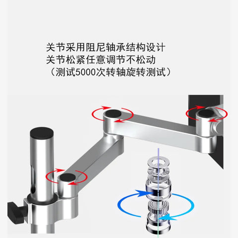 Premium Grade Rock Solid Articulating Monitor And Keyboard Mounting Tray featuring dual pivot arm mechanism and assembly details.