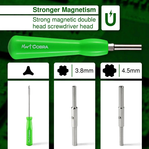Must Have Portable Gamebit Screwdriver Set With 3 8mm And 4 5mm Heads Plus Magnetic Tri Wing Bit For NES SNES N64 Game Boy GameCube Sega Genesis And Other Cartridges By Mart Cobra, displaying green handle and interchangeable heads.