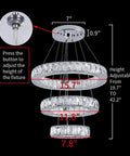 Diagram of Three Ring LED Crystal Pendant Light Fixture showing adjustable heights and dimensions with DIY instructions