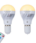Two Go To Rechargeable LED Light Bulbs with Remote Control, cordless, warm white, 7W, E26, 2200mAh internal battery, 2 pack.