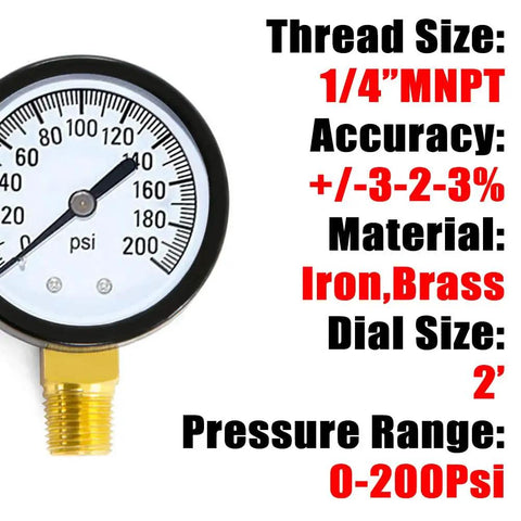 No Frills Budget Friendly 1/4 Inch NPT 200 PSI Steel Pressure Gauge With Brass Internals, 2 Inch Dial Bottom Mount, All Purpose For Gas And Non Corrosive Liquids. 2-inch dial gauge with 1/4 MNPT brass fitting and 0-200 psi scale.