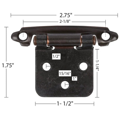 Oil Rubbed Bronze Kitchen Cabinet Hinges One Half Inch Overlay Self Closing Flush Mount 20 Pcs Set visible measurements