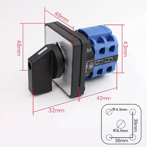 Universal Changeover Power Transfer Switch, 2 Position 8 Terminal Rotary Cam Selector, black lever, blue housing, dimensions shown