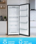16.4 Cu Ft Convertible Refrigerator And Upright Freezer Energy Star Certified Auto Defrost Reversible Door Adjustable Glass Shelves Black Finish showing interior with shelves and LED light.