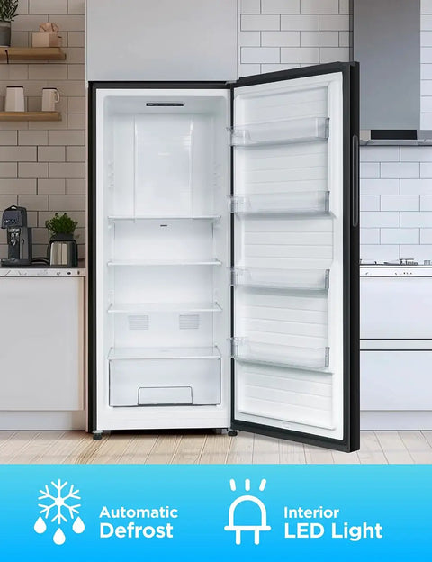 16.4 Cu Ft Convertible Refrigerator And Upright Freezer Energy Star Certified Auto Defrost Reversible Door Adjustable Glass Shelves Black Finish showing interior with shelves and LED light.