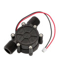 Micro Hydroelectric Generator 12V water turbine power generator for charging 10W, black plastic with wires, front view.