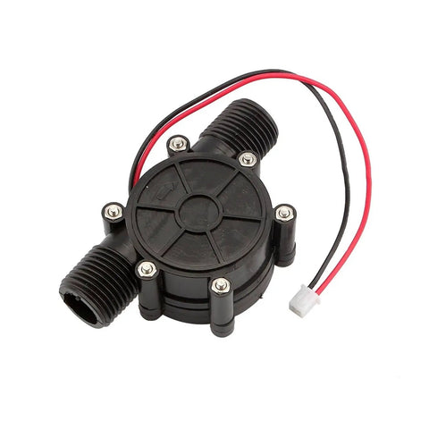 Micro Hydroelectric Generator 12V water turbine power generator for charging 10W, black plastic with wires, front view.