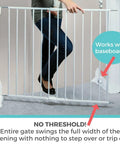Hardware Mounted Metal Baby Gate For Stairs And Doorways, Walk Through Child Safety Barrier With Zero Threshold, Adjustable Up To Forty Inches Wide, Thirty Inches Tall, Crisp White installed with no threshold.
