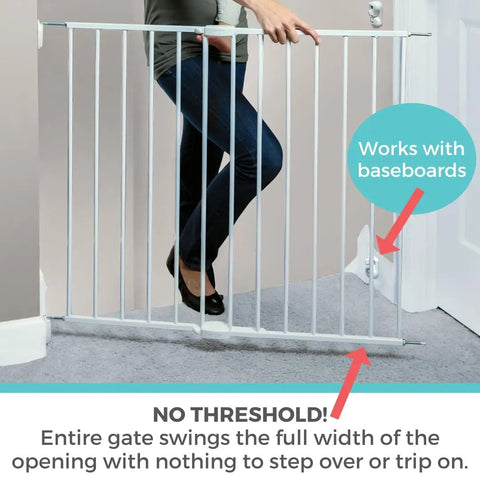 Hardware Mounted Metal Baby Gate For Stairs And Doorways, Walk Through Child Safety Barrier With Zero Threshold, Adjustable Up To Forty Inches Wide, Thirty Inches Tall, Crisp White installed with no threshold.
