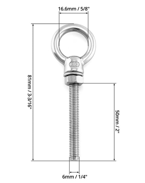 Stainless Steel Shoulder Eye Bolts One Quarter Inch By Two Inch, twenty pack for wood metal and cable fixing, side view with dimensions.