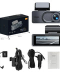 Heavy Duty Triple Lens Dash Cam Built For Chevy Bolt EV Compact Front Side And Rear View With Super Crisp Night Vision Seamless Loop Recorder in package with accessories.