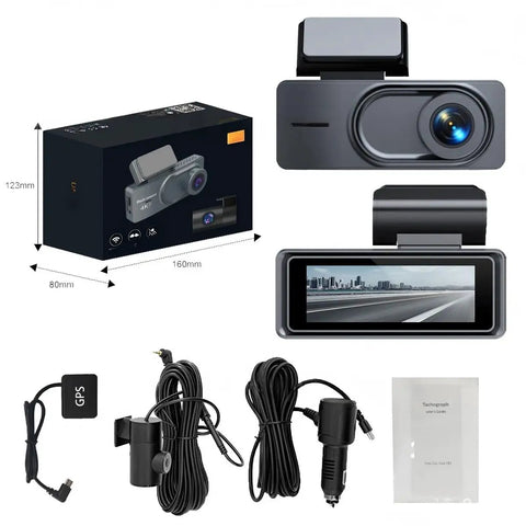Heavy Duty Triple Lens Dash Cam Built For Chevy Bolt EV Compact Front Side And Rear View With Super Crisp Night Vision Seamless Loop Recorder in package with accessories.