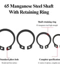 Solid 5-Piece Heavy Duty External Retaining Rings For Bearings And Gears Made From Tough 65Mn Steel With Black Plating To Resist High Temps And Rust Perfect For Cars And Auto Motors - 4 retaining rings shown with standard plier holes.