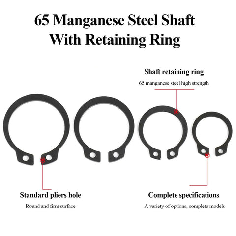 200 Pcs External Retaining Rings 5 To 9mm Made From Tough 65Mn Spring Steel With Black Plating Super Durable And High Temp Resistant C-Clip Snap Ring For Bearings Gears Pulleys Auto Fixes Perfect showing various sizes of black retaining rings.