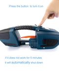 Legit Electric Strapping Machine For Half To Five Eighth Inch PP PET Strap Handheld Banding Tool being turned on with a finger pressing button.