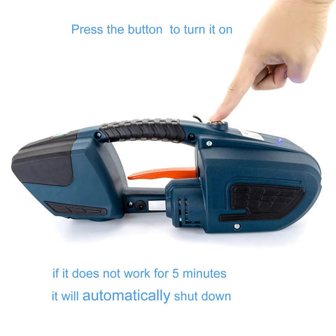 Legit Electric Strapping Machine For Half To Five Eighth Inch PP PET Strap Handheld Banding Tool being turned on with a finger pressing button.