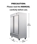 Heavy Duty Commercial Upright Freezer Forty Seven Cubic Feet with dimensions 54x32.2x82.5 inches in stainless steel.