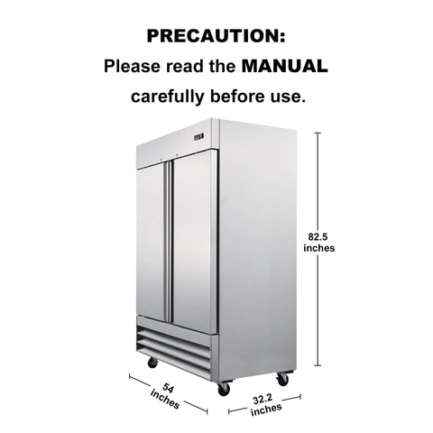 Heavy Duty Commercial Upright Freezer Forty Seven Cubic Feet with dimensions 54x32.2x82.5 inches in stainless steel.