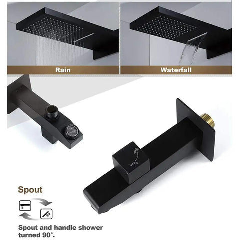 Easy Peasy Installation On This Wall Mounted Shower System Featuring High Pressure Rainfall Head And Sturdy Handheld Sprayer Paired With Slick Matte Black Fixtures For Instant Bathroom Glow Up, showcasing rainfall and waterfall functions.