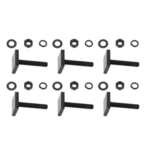 Durable Stainless Steel T Slot Bolts Kit For Secure Roof Rack Mounting, six black square bolts with nuts and washers.