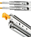 Heavy-Duty Full Extension Drawer Slides With Lock, Side-Mount Steel Ball Bearing Runners, close-up view of steel construction.