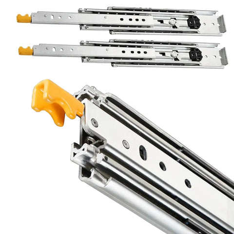 Heavy-Duty Full Extension Drawer Slides With Lock, Side-Mount Steel Ball Bearing Runners, close-up view of steel construction.