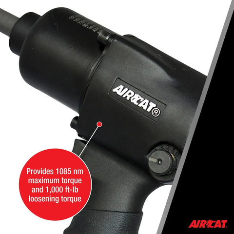 Close-up of One Half Inch Impact Wrench With Two Inch Anvil, Low Noise Twin Hammer Mechanism, Eight Hundred Foot Pounds Maximum Torque And One Thousand Foot Pounds Loosening Torque, NiCrMo Alloy Steel