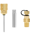 Brass Gauge Adapter With 1/4 NPT Female Thread And Test Plug, 2-1/2 OAL, 1/8 Inch Tip, stainless steel sheath, components displayed