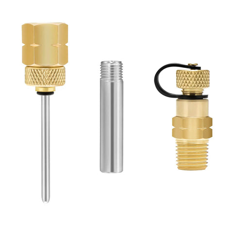 Brass Gauge Adapter With 1/4 NPT Female Thread And Test Plug, 2-1/2 OAL, 1/8 Inch Tip, stainless steel sheath, components displayed