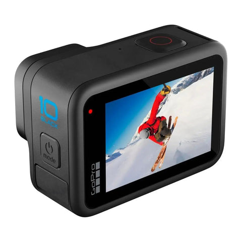 HERO10 Black Must Have Accessory Bundle With Shorty Mini Extension Pole And Grip Magnetic Swivel Clip Two Rechargeable Batteries And Durable Camera Case For Action Cameras showing a skier on screen.