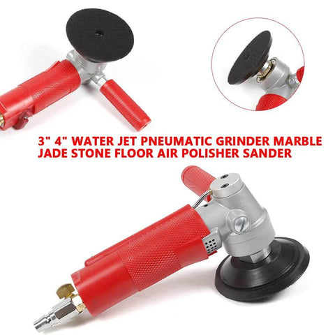 4-inch water-jet pneumatic grinder with red handle and black polishing pad for marble and stone