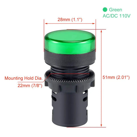 Green Indicator Light 110 Volt AC DC 22mm Panel Mount for electrical control panels and DIY projects, showing dimensions and connection details.
