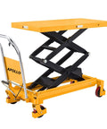 APOLLO lift table cart with yellow platform and black scissor lift arms; wheeled base (front view)