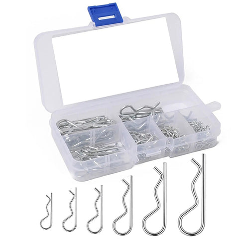 R Clips Cotter Pins Kit 100Pcs Assorted 6 Sizes Carbon Steel Hitch Pin Clips in open plastic case with pins displayed