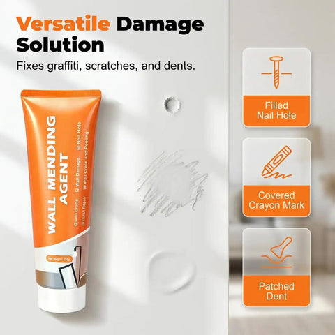 2026 Upgrade Drywall Repair Kit With Scraper For Quick Hole Patching And Wall Mending Spackle Set With Scraper For Holes Cracks And Stains DIY Wall Repair Made Easy Comprehensive Patch And Fill Solution Three Piece showing tube and wall application.