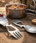 Two 4 In 1 Stainless Steel Spoon Fork With Carabiner And Bottle Opener tools on table beside camping food, 2 pack.