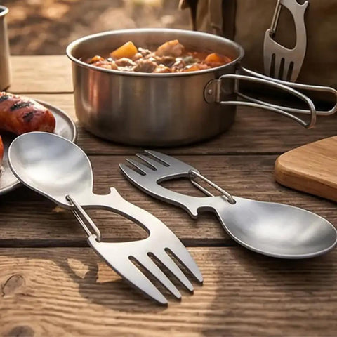 Two 4 In 1 Stainless Steel Spoon Fork With Carabiner And Bottle Opener tools on table beside camping food, 2 pack.