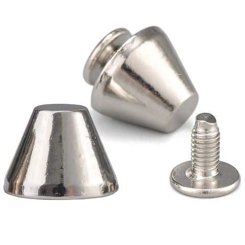 Badass Barrel Spikes And Screw Back Studs 30 Sets Silver Zinc Alloy hardware kit featuring shiny cone spikes and screws.