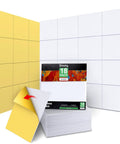 Heavy Hitter Acoustic Wall Panels 12 By 12 Inches White Sound Absorbing Tiles displayed with yellow tiles and packaging