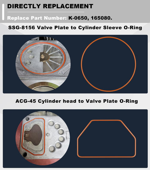 Oil Free Air Compressor Rebuild Kit With Cylinder Sleeve And Compression Ring for Craftsman DeVilbiss Porter Cable DeWalt Units, including O-ring diagrams.