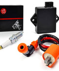 Combo CDI Box, Ignition Coil, And Spark Plug Kit For Trail Boss 330 2003-2013, Boss 325 2000-2003, Magnum 330 2003-2006 Replacement 3087253 3088209, Plug And Play Dope High Performance ATV Ignition Upgrade shown with components on display