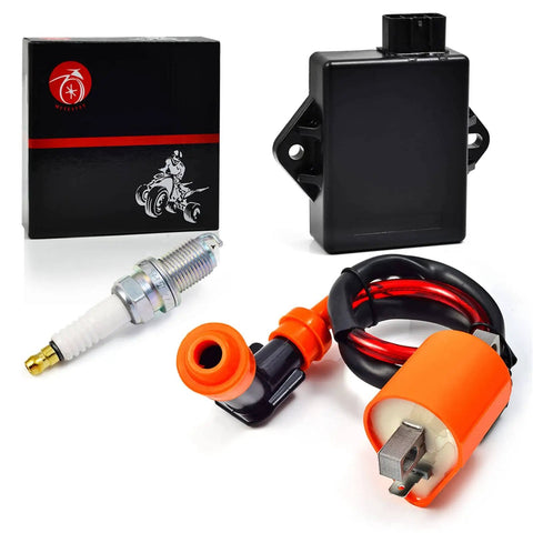 Combo CDI Box, Ignition Coil, And Spark Plug Kit For Trail Boss 330 2003-2013, Boss 325 2000-2003, Magnum 330 2003-2006 Replacement 3087253 3088209, Plug And Play Dope High Performance ATV Ignition Upgrade shown with components on display