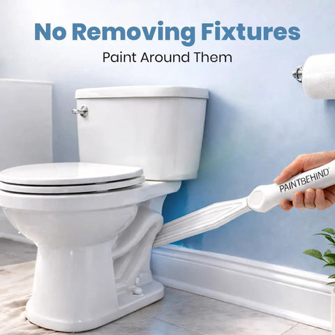 Person using Paint Behind Toilet Tool Kit with 12-Inch Reach Flat Brush around toilet in narrow space