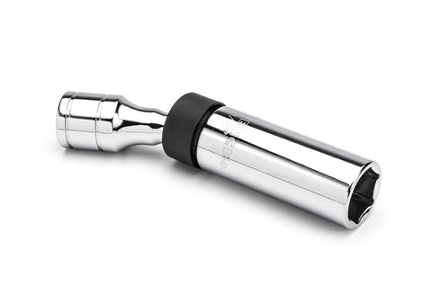 Five Piece Pro Grade Magnetic Swivel Spark Plug Socket Set For 3/8 Inch Drive, Six Point, Reaches Tight Angles, shown in detail.