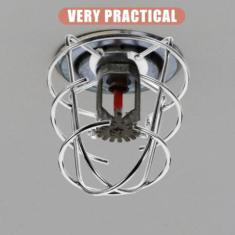 Heavy Duty Tough As Nails Fire Sprinkler Head Covers Screw Type Protector Cage 2 Pack installation view showing silver iron cage.