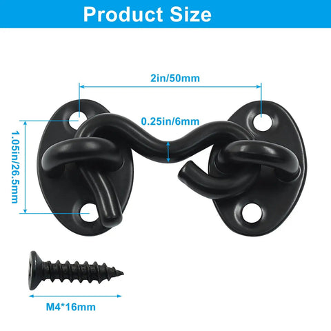 Heavy Duty 2 Inch Hook And Eye Latch In Matte Black Stainless Steel For Outdoor Gates And Barn Doors Rust Resistant Privacy Hardware with dimensions.